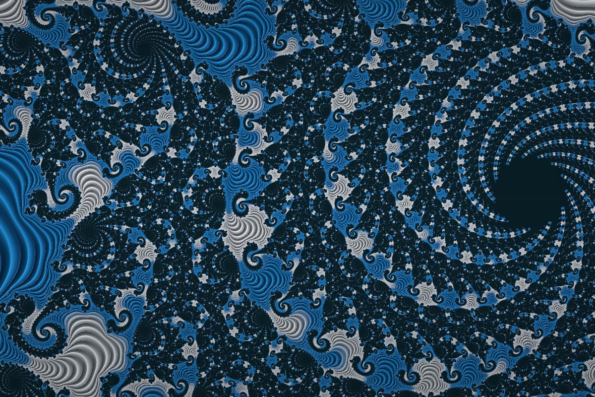 160옥타브 깊이에서 커다란 나선 두 개가 맞물린 Mandelbrot 경계