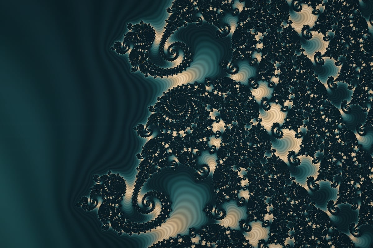 구리와 청록 띠로 칠한 Mandelbrot 장면